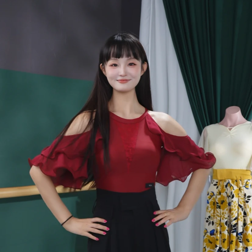 舞维时空夏款酒红色露肩显瘦上衣摩登舞连体练功服交谊舞SY0071