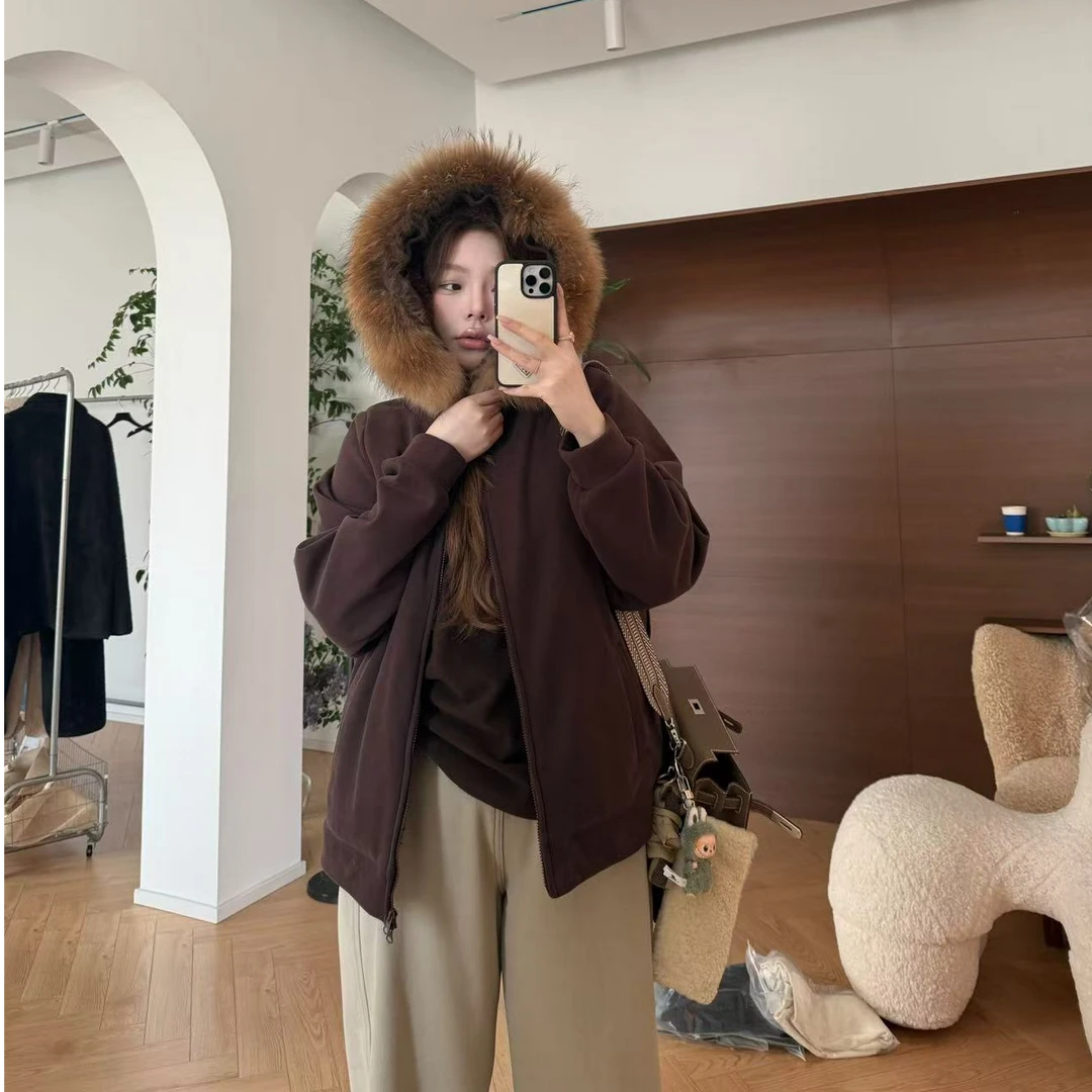 人造皮草 【瘦瘦】座山雕-大码连帽hao子毛领毛毛一体外套S02341