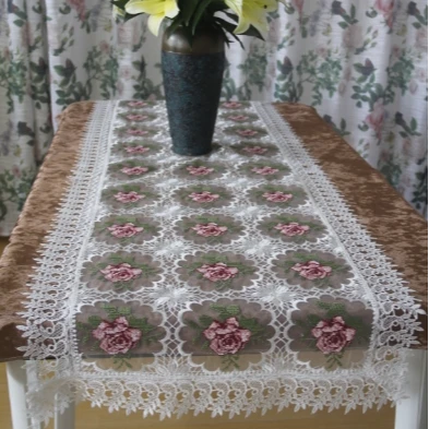 ZN004-14玻璃纱【60*150】白粉十字绣水溶花边桌布茶几布