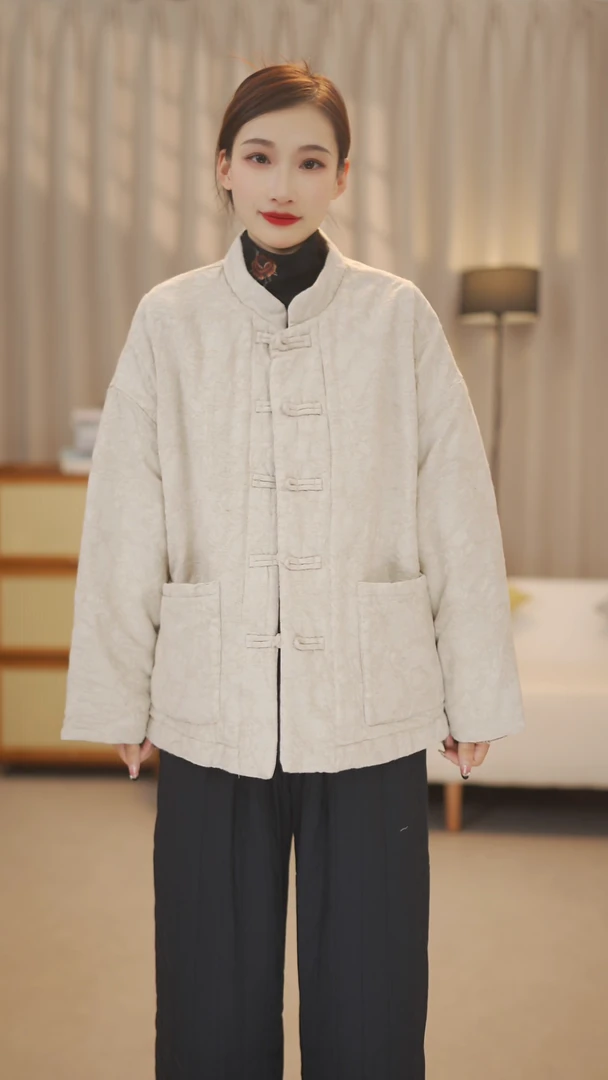 冬季新款新中式亚麻提花国风文艺复古外穿棉服保暖夹棉加厚棉衣