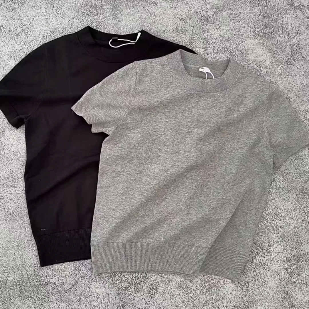 短袖女装常规款春季毛针织衫三分袖圆领百搭女开叉灰色纯色