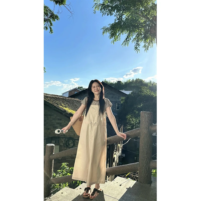 时尚穿搭圆领正肩显瘦百搭小众撞色小个子T恤吊带法式半身裙套装