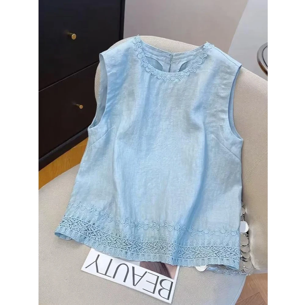 蓝色花边刺绣别致无袖背心女2025夏季显瘦圆领气质轻奢高级感上衣