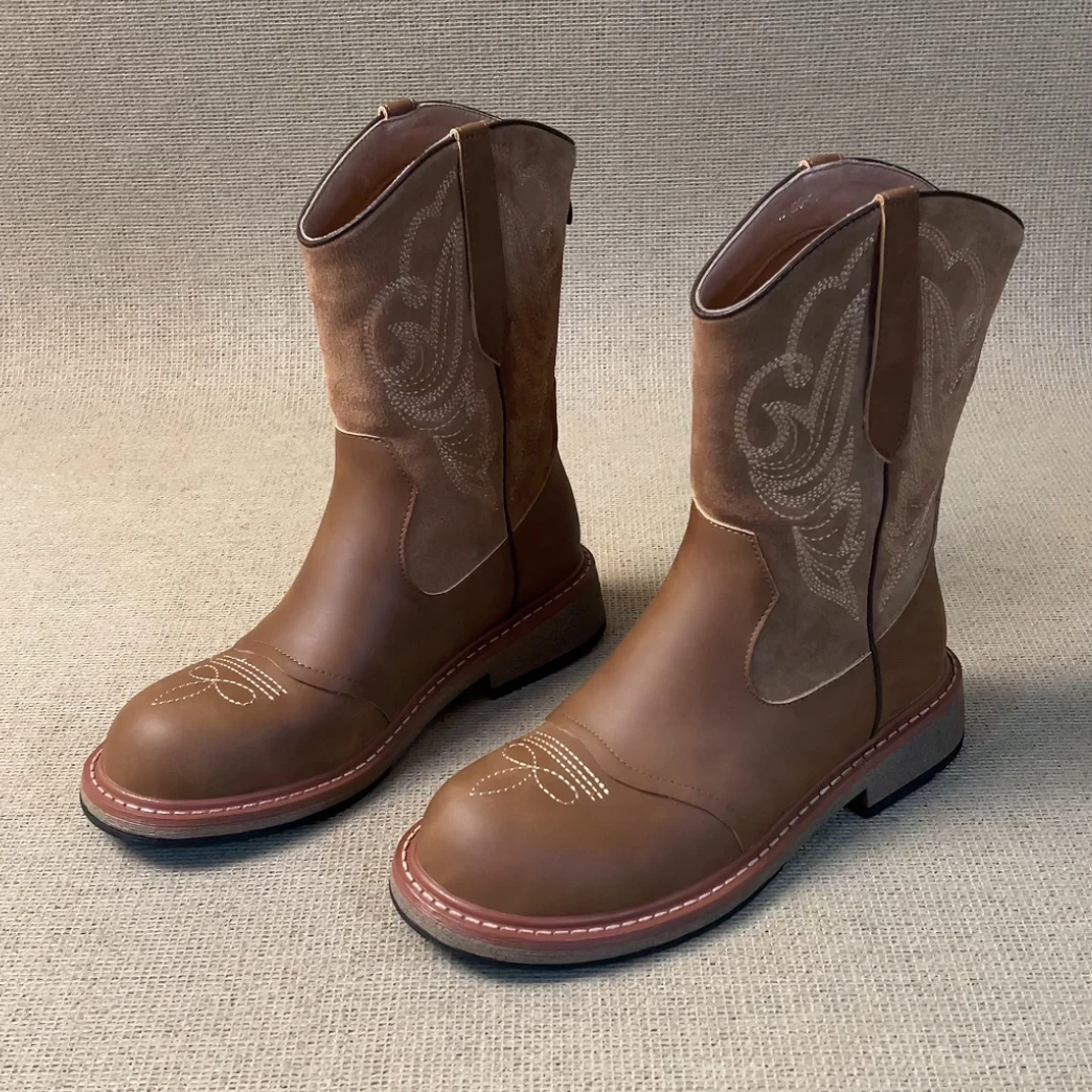 RubyL/3.5cm复古通勤舒适百搭拼接刺绣V口圆头粗跟西部牛仔靴女款