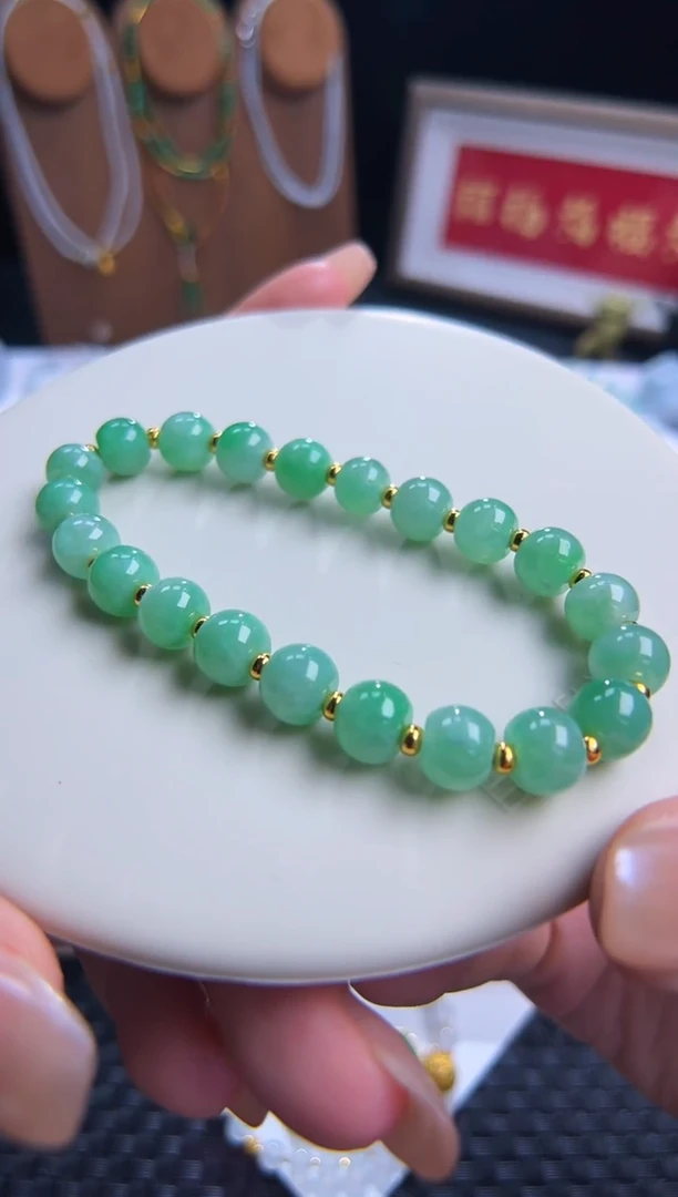足金镶嵌手串翡翠冰甜绿鼓珠设计款！卡8鼓珠精品巨漏！色标！