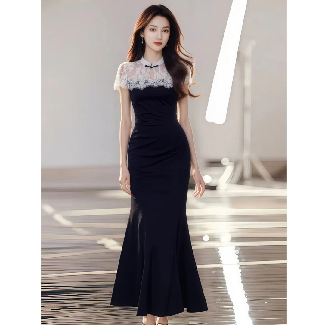 高级感国风新中式连衣裙女夏季新款蕾丝拼接气质名媛宴会显瘦长裙