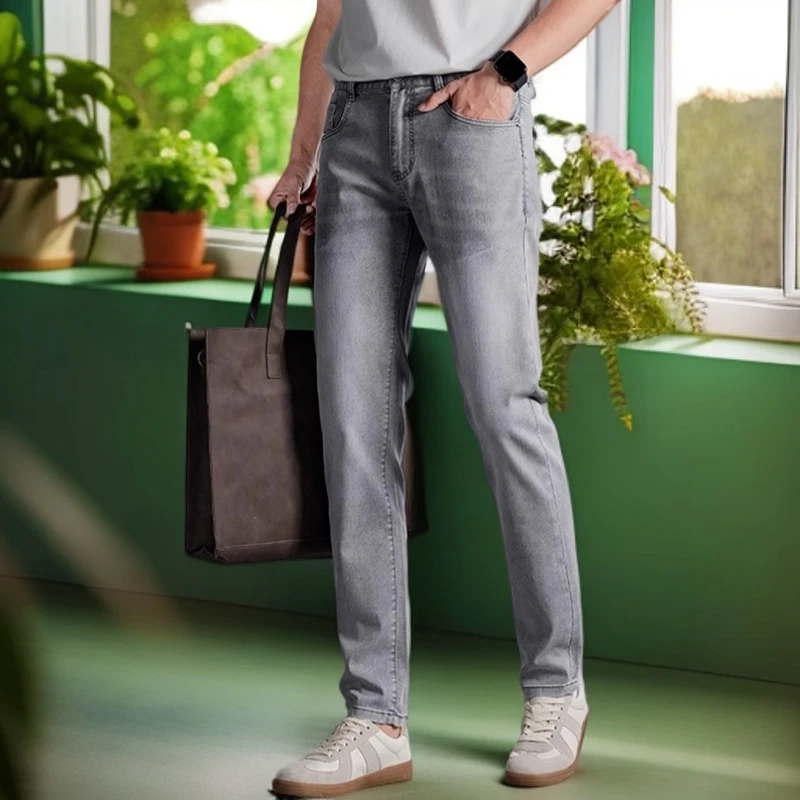 娜罗普西浅色天丝牛仔裤新款修身小直筒裤子男夏季薄款冰丝休闲裤