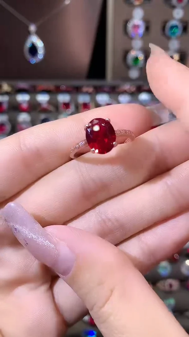 银S925镶嵌戒指红宝石810酒红