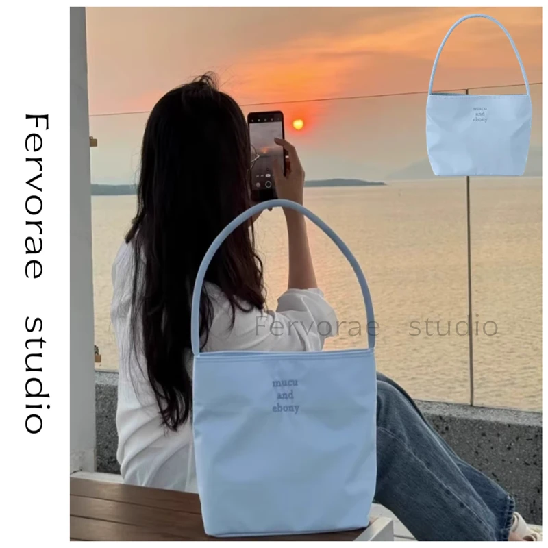 韩国小众 Mucu 托特包 尼龙防水腋下包 手提小包磁扣刺绣百搭女包