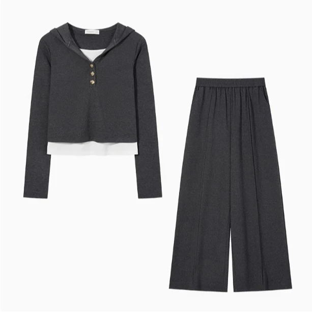 羊城故事-休闲运动套装女气质连帽上衣阔腿裤两件套 Y41247659