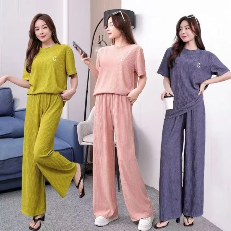 千千叶褶皱刺绣套装女夏季长裤两件套居家外穿休闲时尚冰丝套装