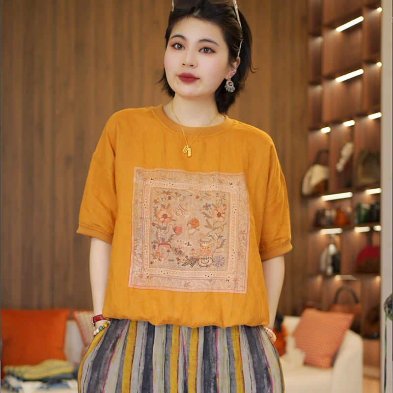 100%亚麻上衣短袖不起球宽松印花撞色T恤拼接短款半袖百搭夏小衫