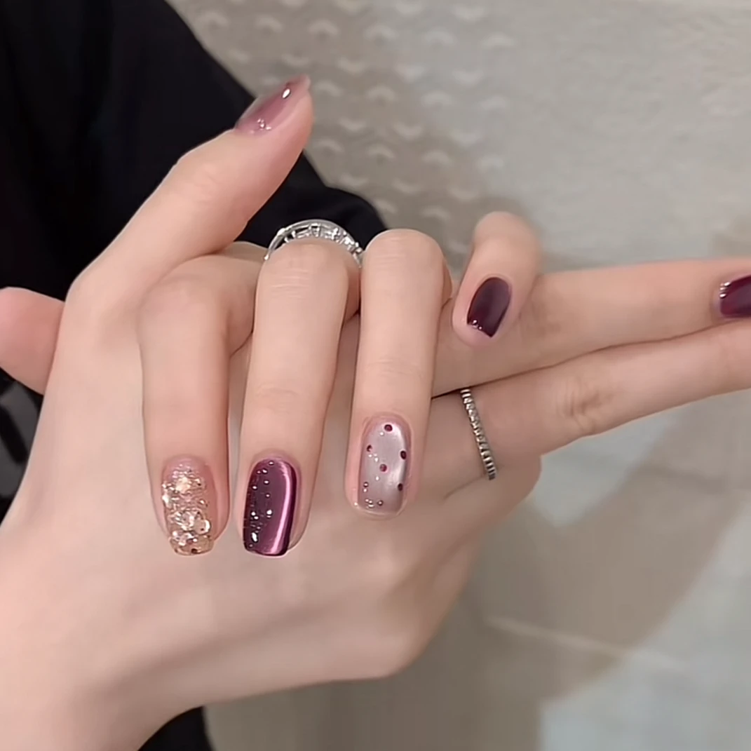 【紫气东来】早秋新款水光紫猫眼美甲穿戴甲短款气质显白手工穿戴甲