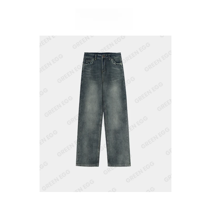 【狂欢价】W8659大码女装复古高腰牛仔拖地长裤 阔腿直筒裤