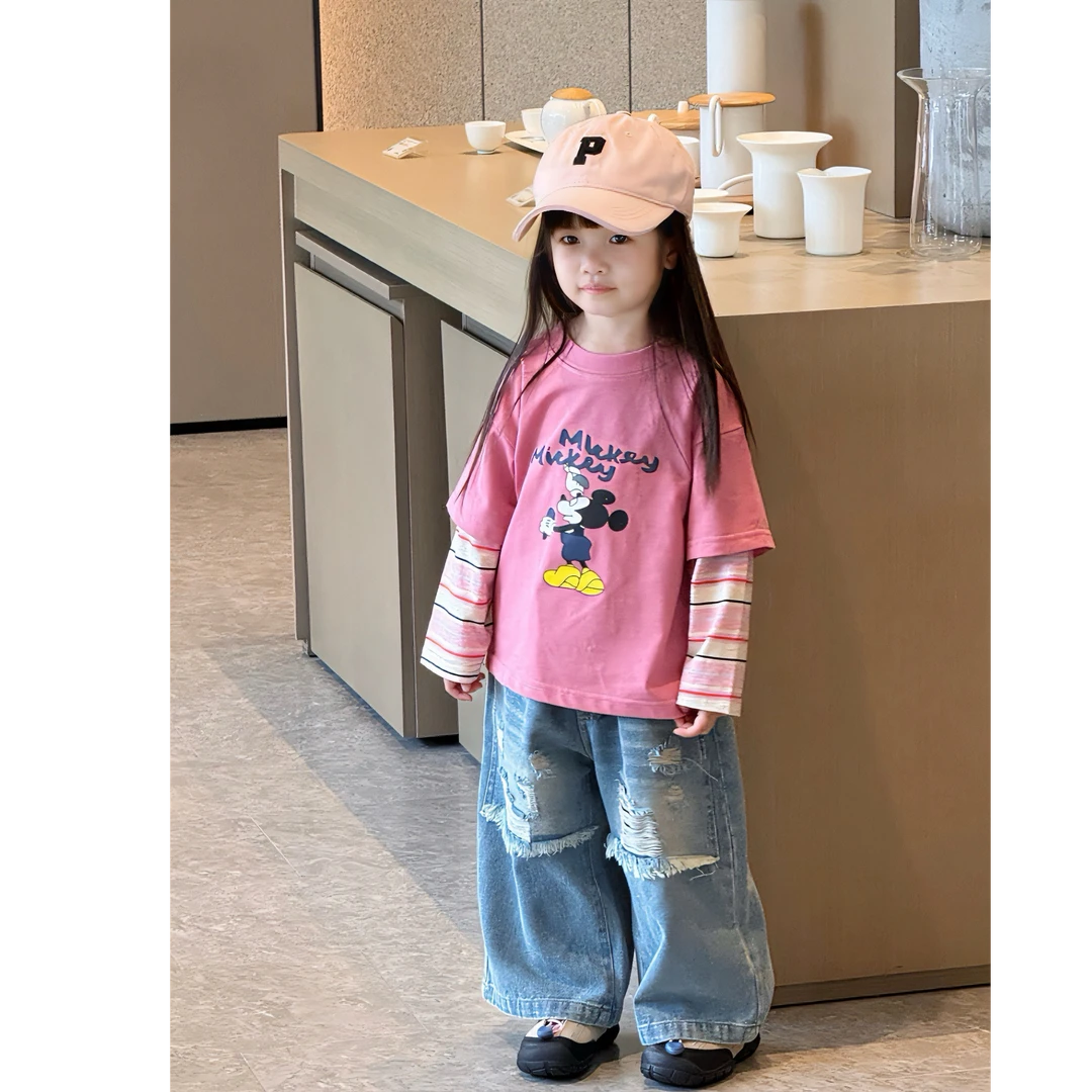 壹妈韩版童装女童早秋套装洋气儿童粉色米奇假两件t恤破洞牛仔裤