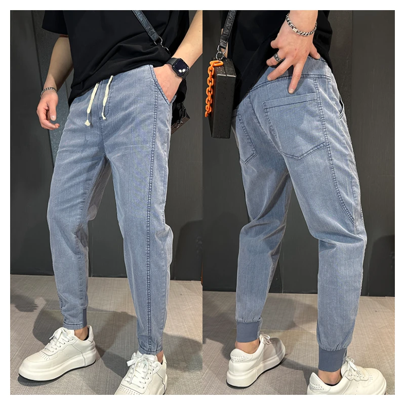 春秋男牛仔裤修身韩版休闲裤百搭弹力男士束脚裤松紧腰加绒牛仔裤