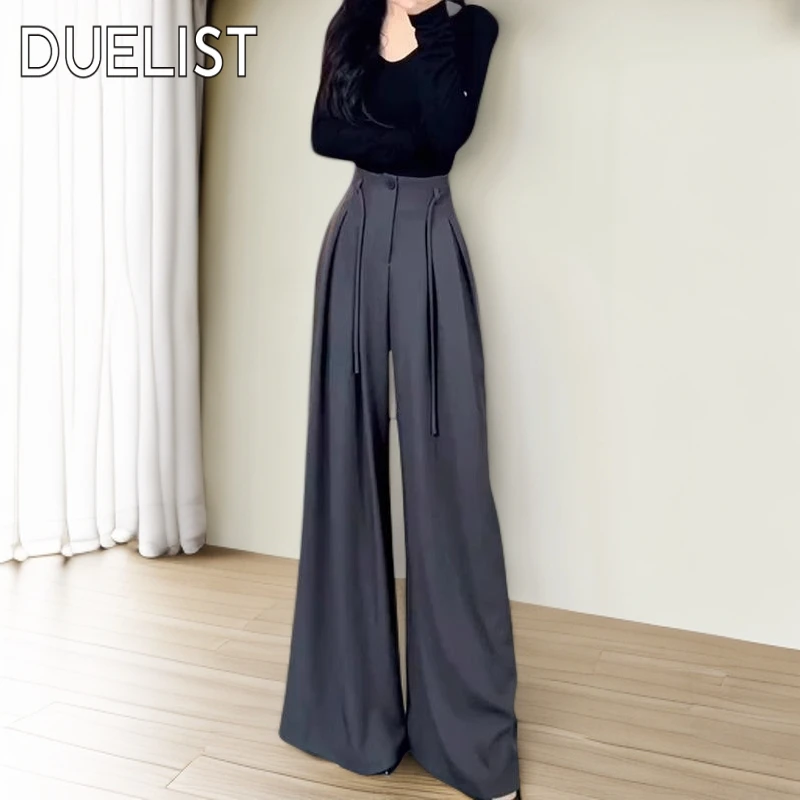 DUELIST灰色褶皱设计西裤女夏爆款宽松显瘦松弛感 通勤直筒拖地裤