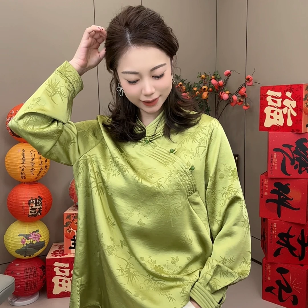 新中式上衣国风女装高档时尚提花立领衬衫宽松显瘦斜襟盘扣潮6479