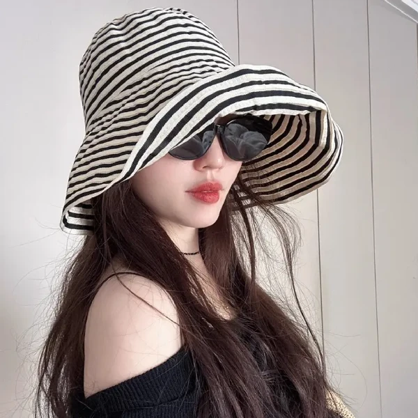 新款日系可折叠夏季条纹渔夫帽女防晒帽子时尚优雅复古织带太阳帽