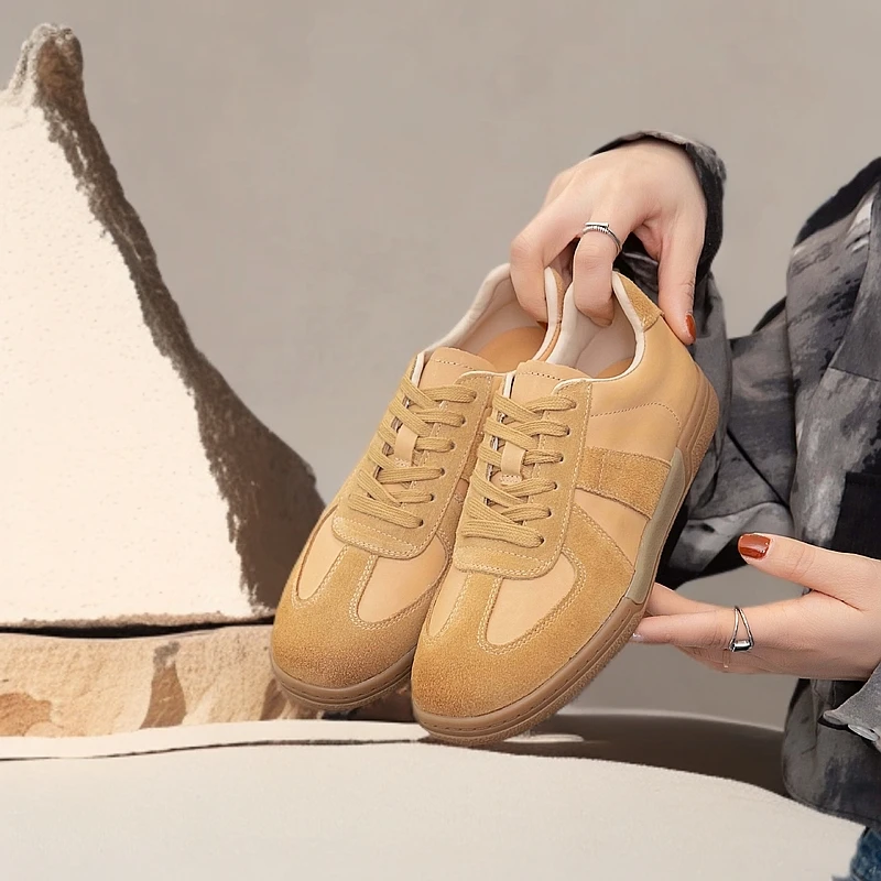 2025新款头层牛皮系带低跟学生休闲运动复古百搭德训鞋阿甘女鞋子