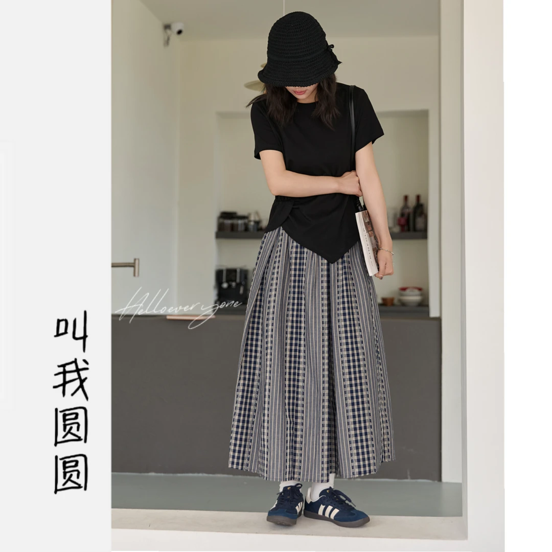 圆圆 【游子吟】 夏季显瘦时尚休闲百搭A字格纹半身裙 YY 10910