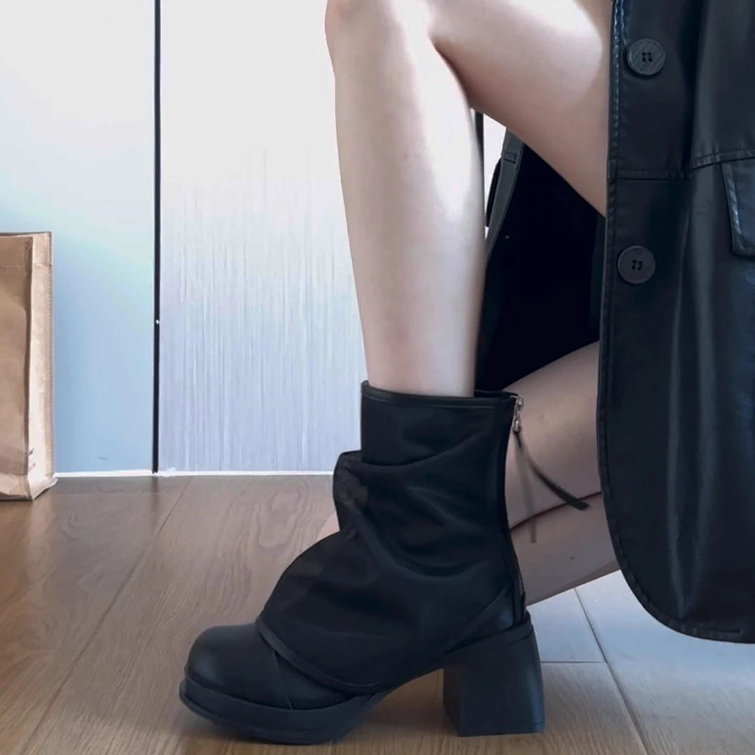 牛皮~辣妹显瘦高跟短靴女黑色粗跟靴子复古百搭裤管靴新款高跟靴