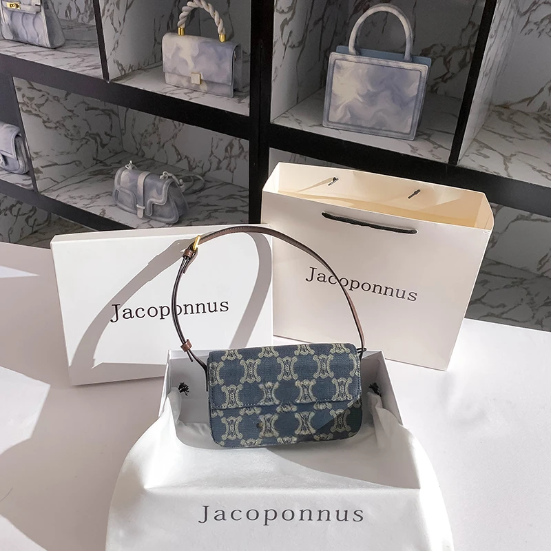 2H17-棕色配蓝色牛仔凯旋门单肩车缝线拉链纯色腋下包锁欧美时尚