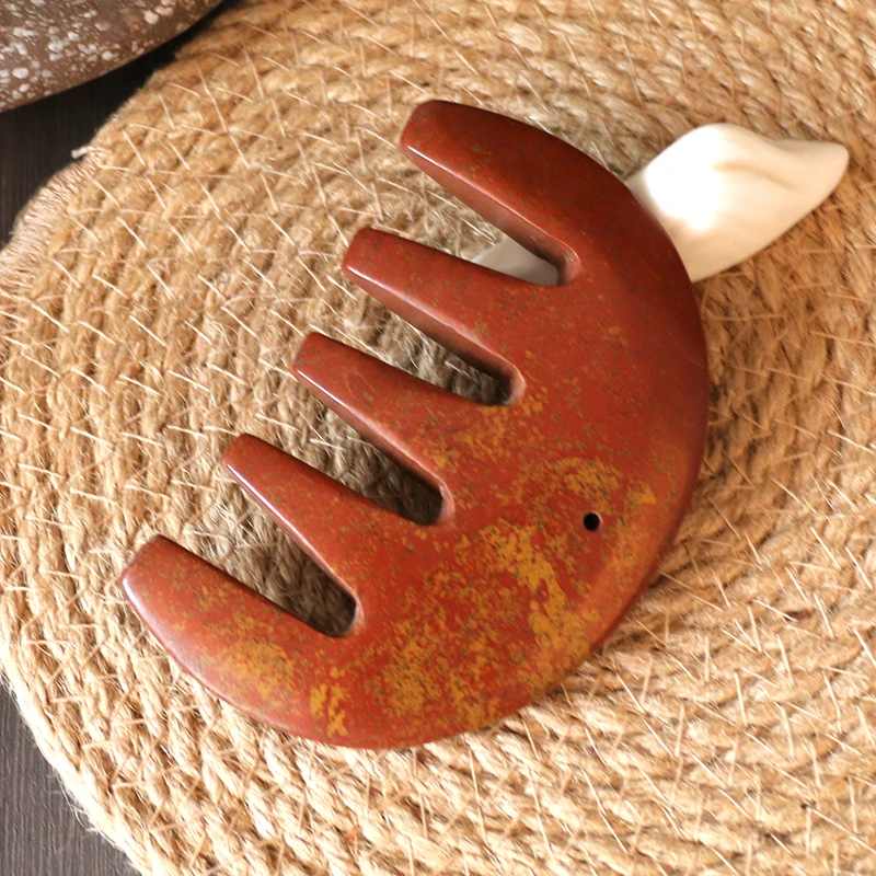 天然泗滨砭石刮板红砭石梳子梳头全身红砭石5齿梳