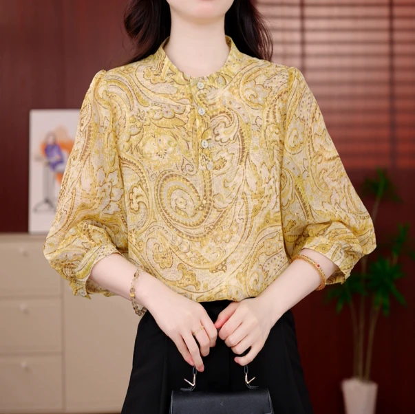 杭州专柜2025夏季新款富贵黄佩斯利云纹女士轻奢淡雅清新减龄上衣