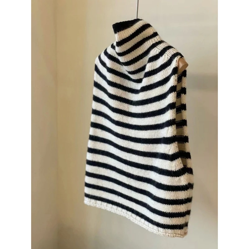 绝美！这种货闭眼收~高领针织衫慵懒风粗针条纹毛衣马甲背心女秋季