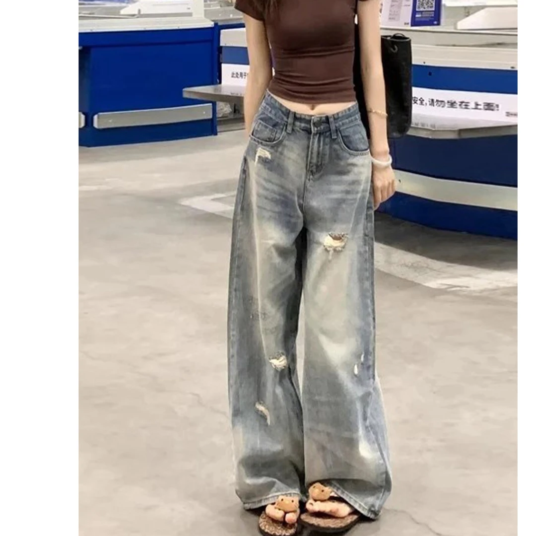 拉夏贝尔美式破洞牛仔裤女秋装2025新款小个子裤子宽松显瘦阔腿裤