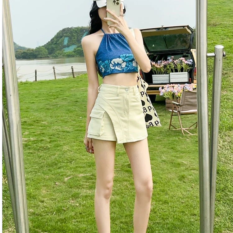 2025新款不规则工装裙裤米白色高腰夏季薄款牛仔短裙女裙短裤子