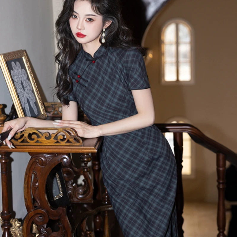 【西冷松舍】新中式复古显白显气质格子中国风短袖款改良旗袍