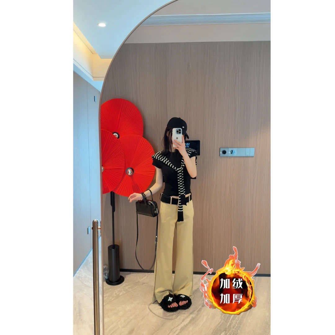 辣妹中腰休闲裤女秋冬卡其色垂感西装长裤加绒加厚微喇叭拖地裤子