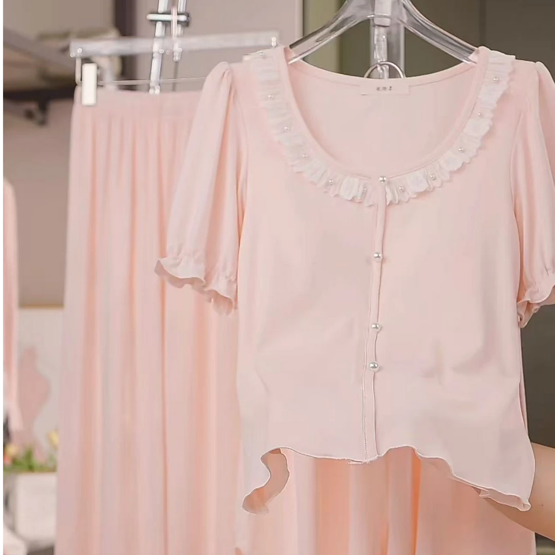 【纯纯粉-法式珍珠三件套 】 新款ins新款竹纤维时尚女春夏短袖睡衣