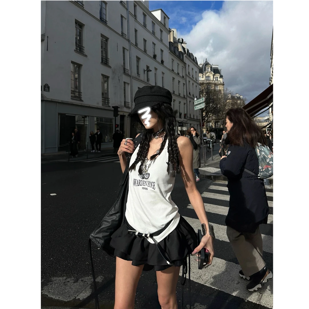 白色背心辣妹吊带上衣女夏小个子高腰显瘦辣妹裙A字短裙