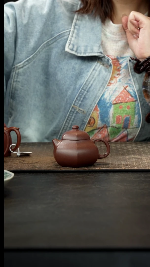 茶壶紫砂老紫泥六方文旦150cc