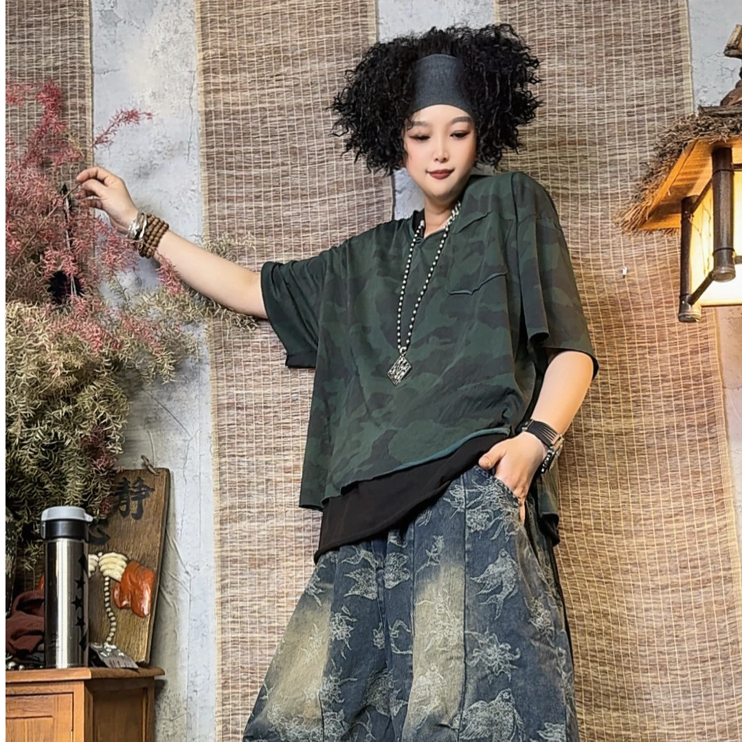 7991款夏季宽松休闲时尚潮流炒色做旧针织迷彩T恤【衣长58胸围135】