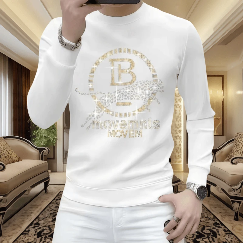 男士长袖秋冬套头卫衣休闲百搭潮流帅气修身圆领新款烫钻时尚外套