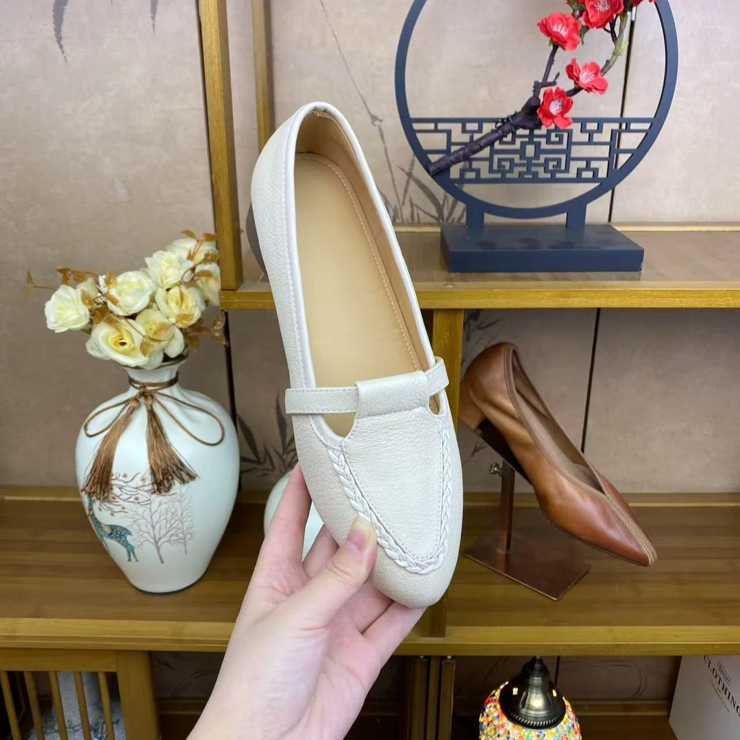 跟高3cm/羊34-40法式复古芒果头中口单鞋一脚蹬软底软面中跟编织