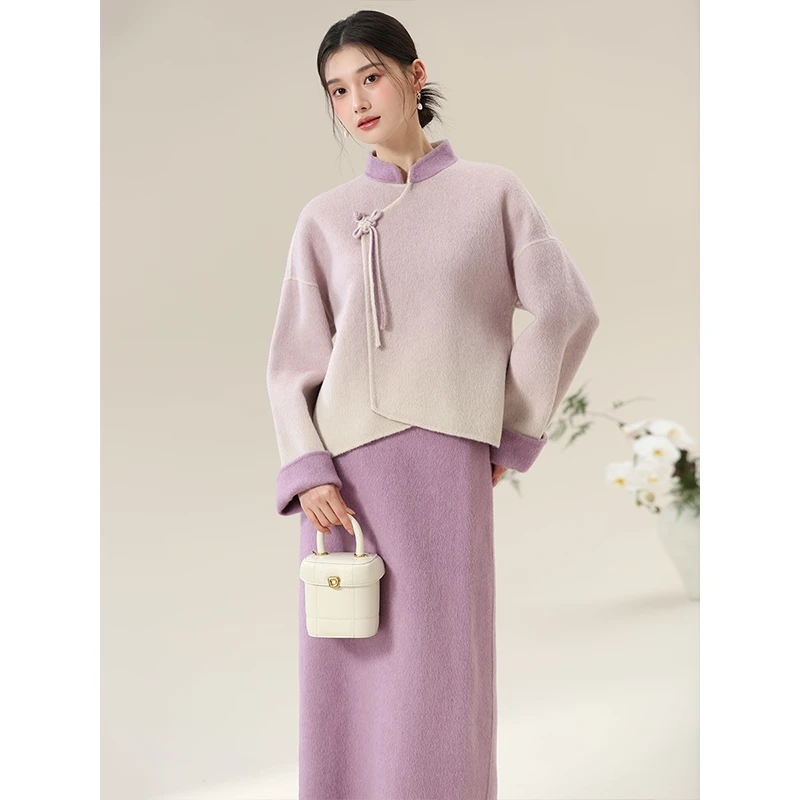 初蝉衣事羊毛混纺双面呢外套女新中式国风上衣半裙套装1010-N