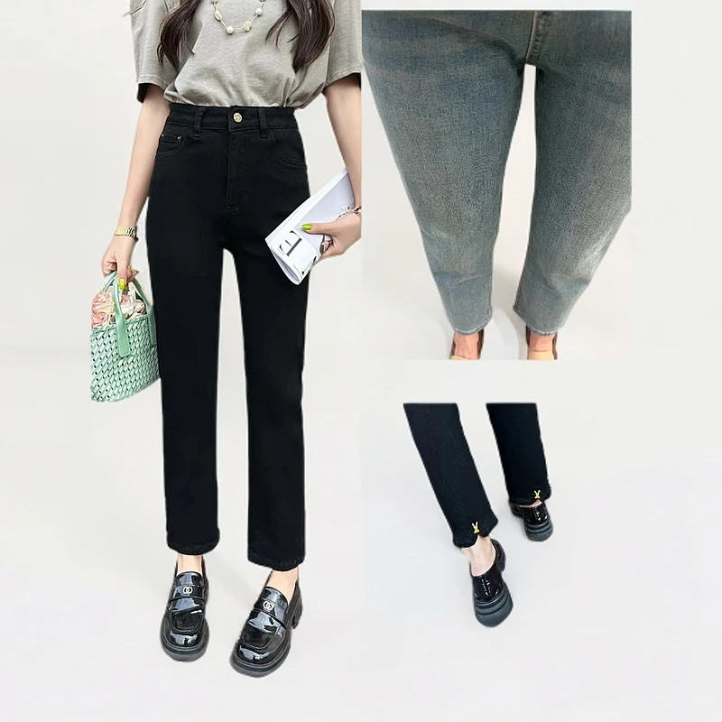 秀米丽 春夏百搭高腰弹力修身显瘦烟管裤后开叉扣直筒牛仔裤3902