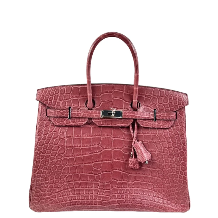 99新 Hermes/爱马仕 birkin35木槿色银扣雾面方块鳄p手提包