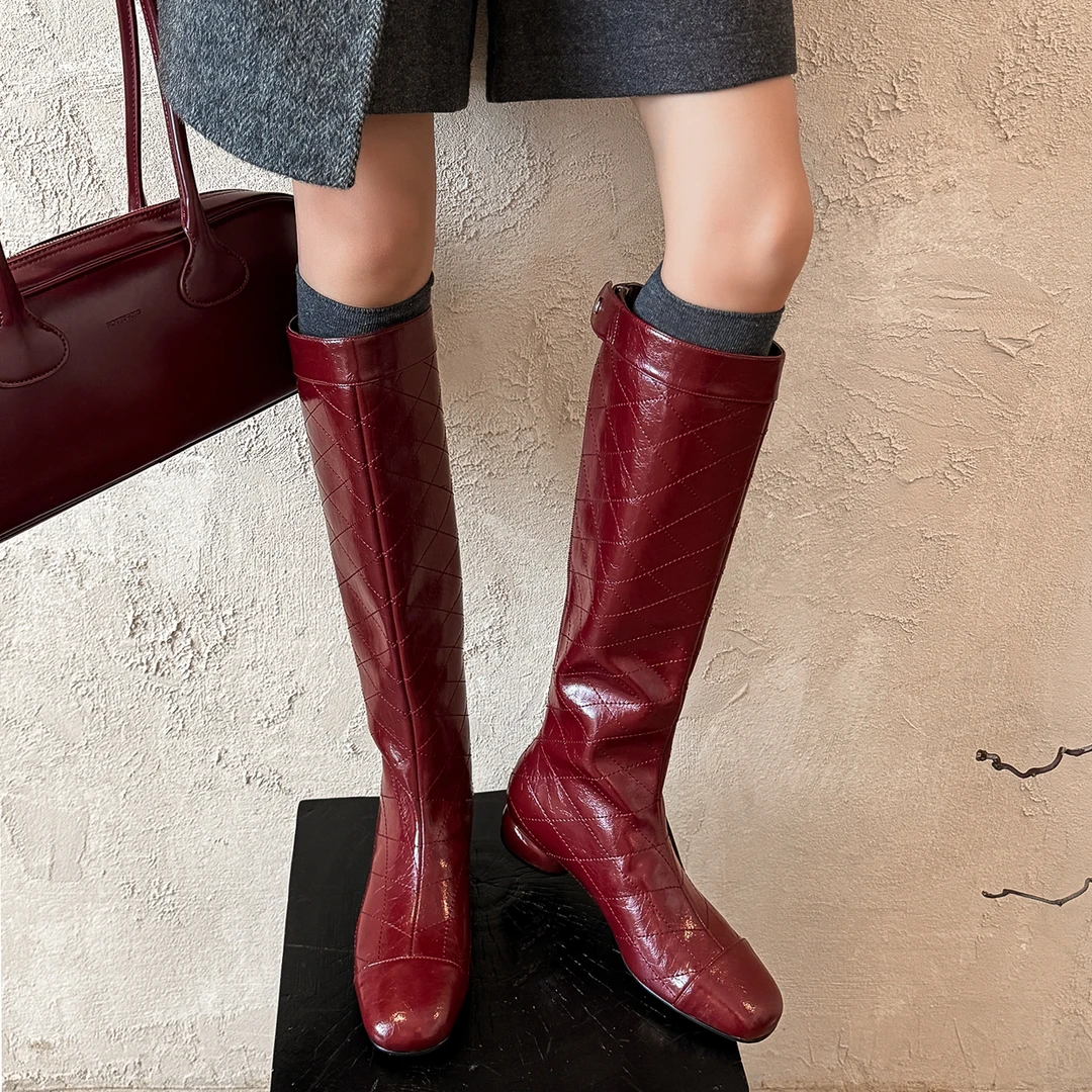 【山雀设计】牛皮时尚粗跟尖头时装靴秋冬百搭圆头不过膝骑士靴