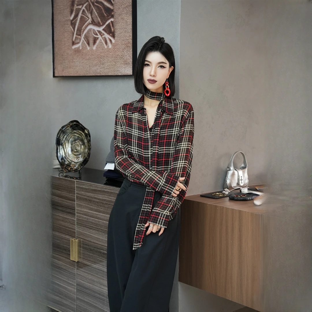 POPULARYW【那不勒斯】Z·R上品屋 复古小众格纹配飘带长袖衬衫