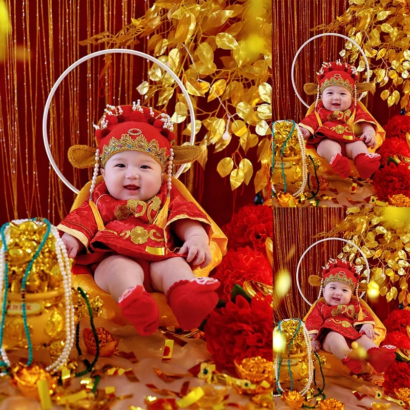 新年小财神主题年画娃娃拍照道具婴儿宝宝照百天周岁照100天衣服