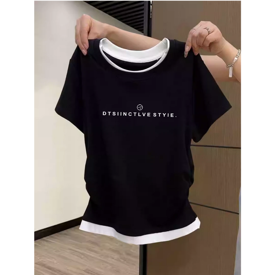 假两件收腰设计感纯棉短袖t恤女时尚百搭修身显瘦黑色上衣夏季潮