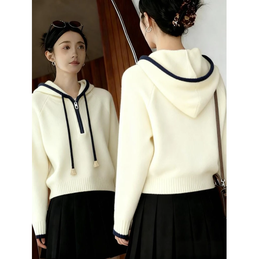 韩系白色慵懒风气质连帽针织衫女秋冬新款休闲百搭宽松显瘦上衣潮