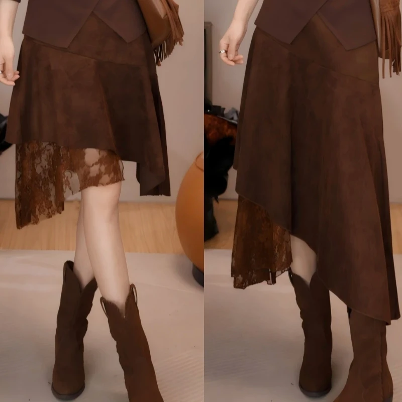 ［赠运费险］秋冬新款蕾丝拼接不规则时尚洋气半身裙百搭甜酷