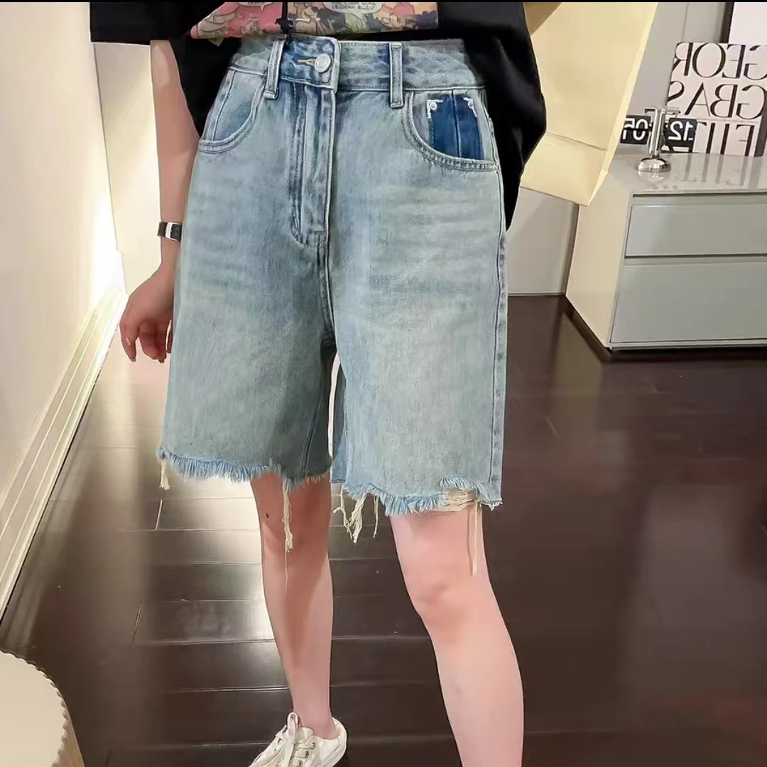 【艾萱萱】24138款韩版牛仔五分裤女浅蓝色高腰宽松显瘦直筒裤 约47